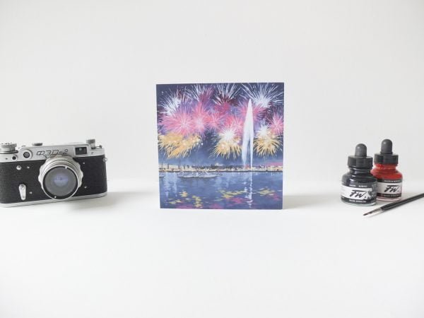 Geneva Fireworks Greeting Card - Illustration by Jonathan Chapman