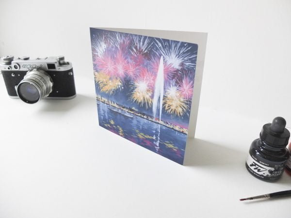 Geneva Fireworks Greeting Card - Illustration by Jonathan Chapman