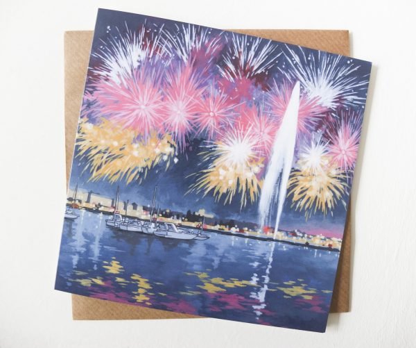 Geneva Fireworks Greeting Card - Illustration by Jonathan Chapman