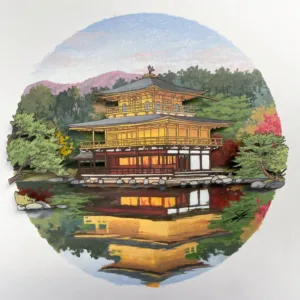 Golden Pavilion Kinkakuji temple, Kyoto - Illustration by Jonathan