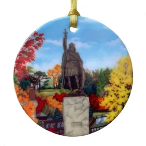 Cutout image of 'King Alfred' Tree Ornament with it's golden ribbon