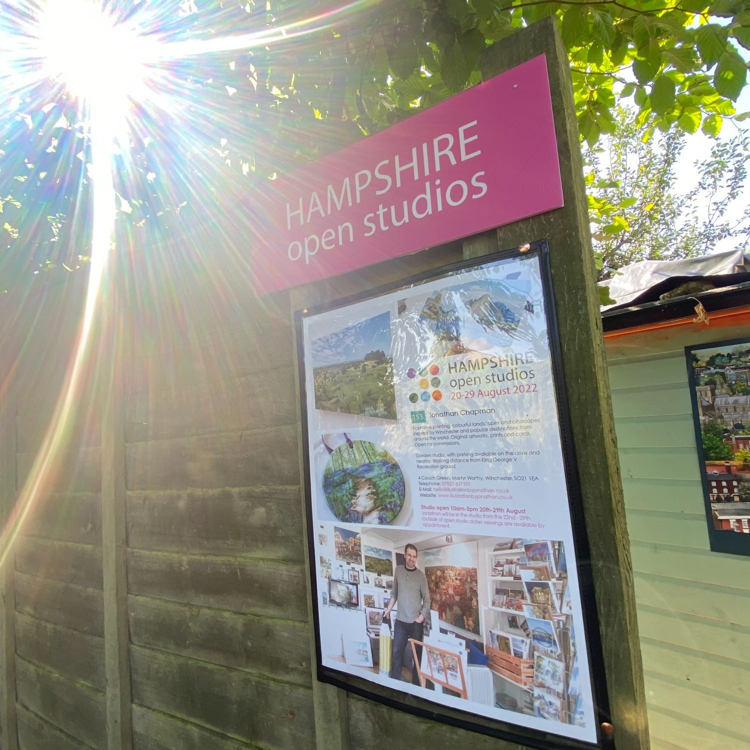 Pink signage ready for opening over the Bank Holiday weekend, follow the arrows to find my studio at the top of the garden.