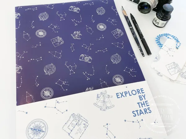 Explore by the Stars Wrapping Paper - Illustration by Jonathan Chapman