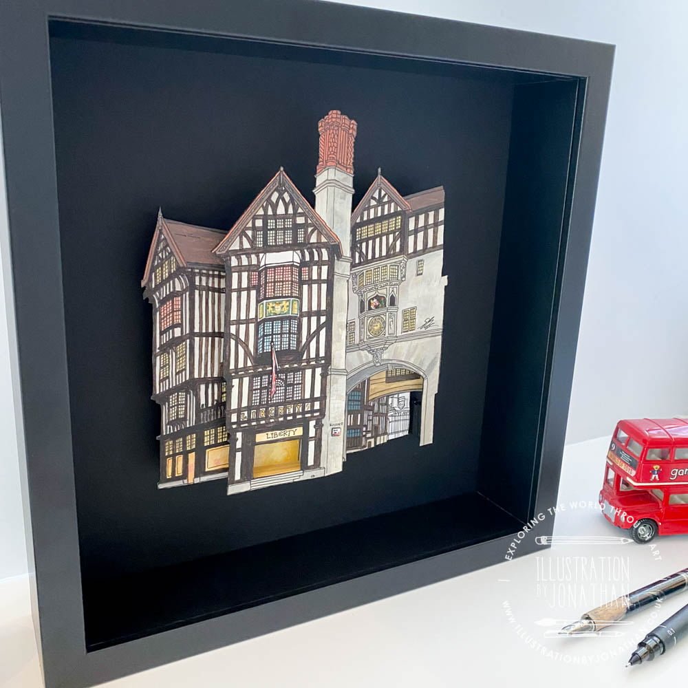 Angle view of a painting featuring Liberty of London. Set within a deep black box frame, created by artist and Illustrator Jonathan Chapman