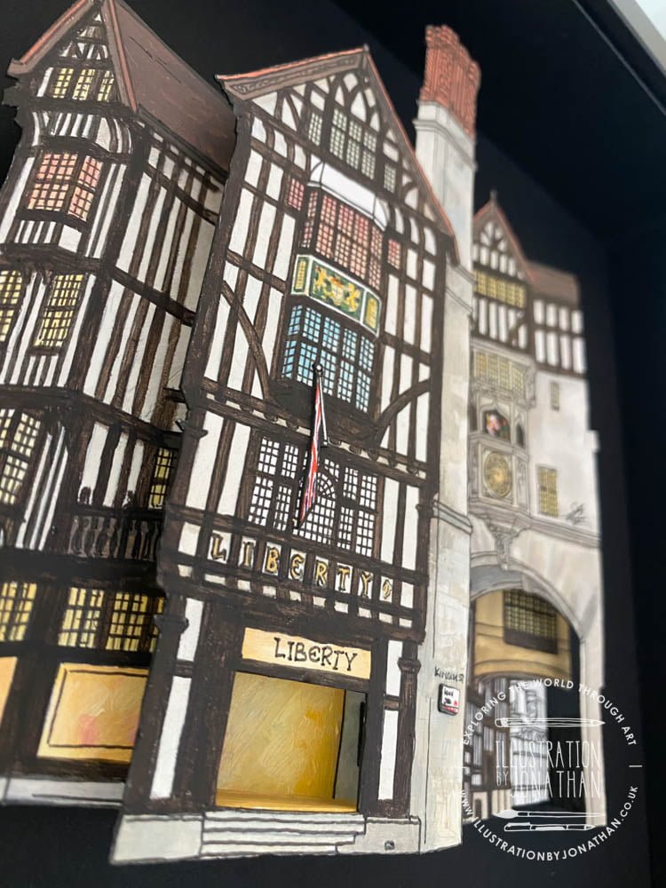 Details view of a painting featuring Liberty of London. Set within a deep black box frame, created by artist and Illustrator Jonathan Chapman