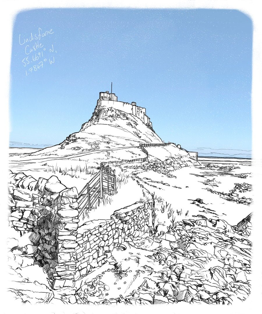 Lindisfarne CAstle Drawing by Illustrator Jonathan Chapman