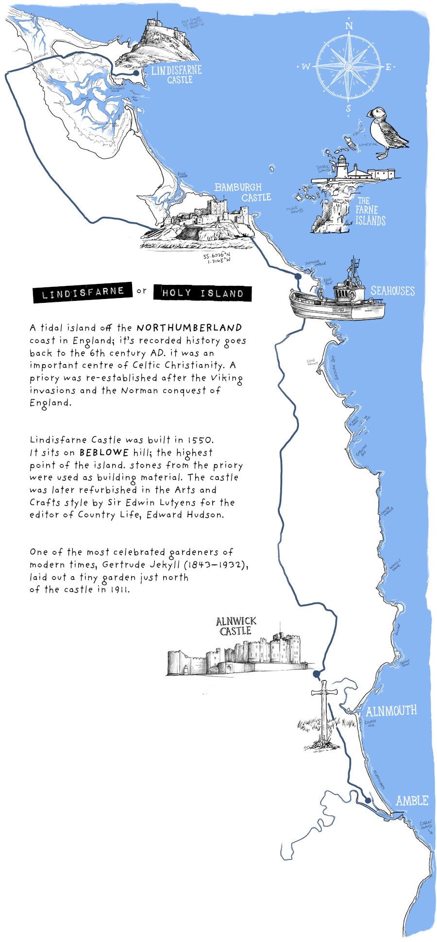 Northumberland Map, featuring Lindisfarne. Illustration by Jonathan Chapman.