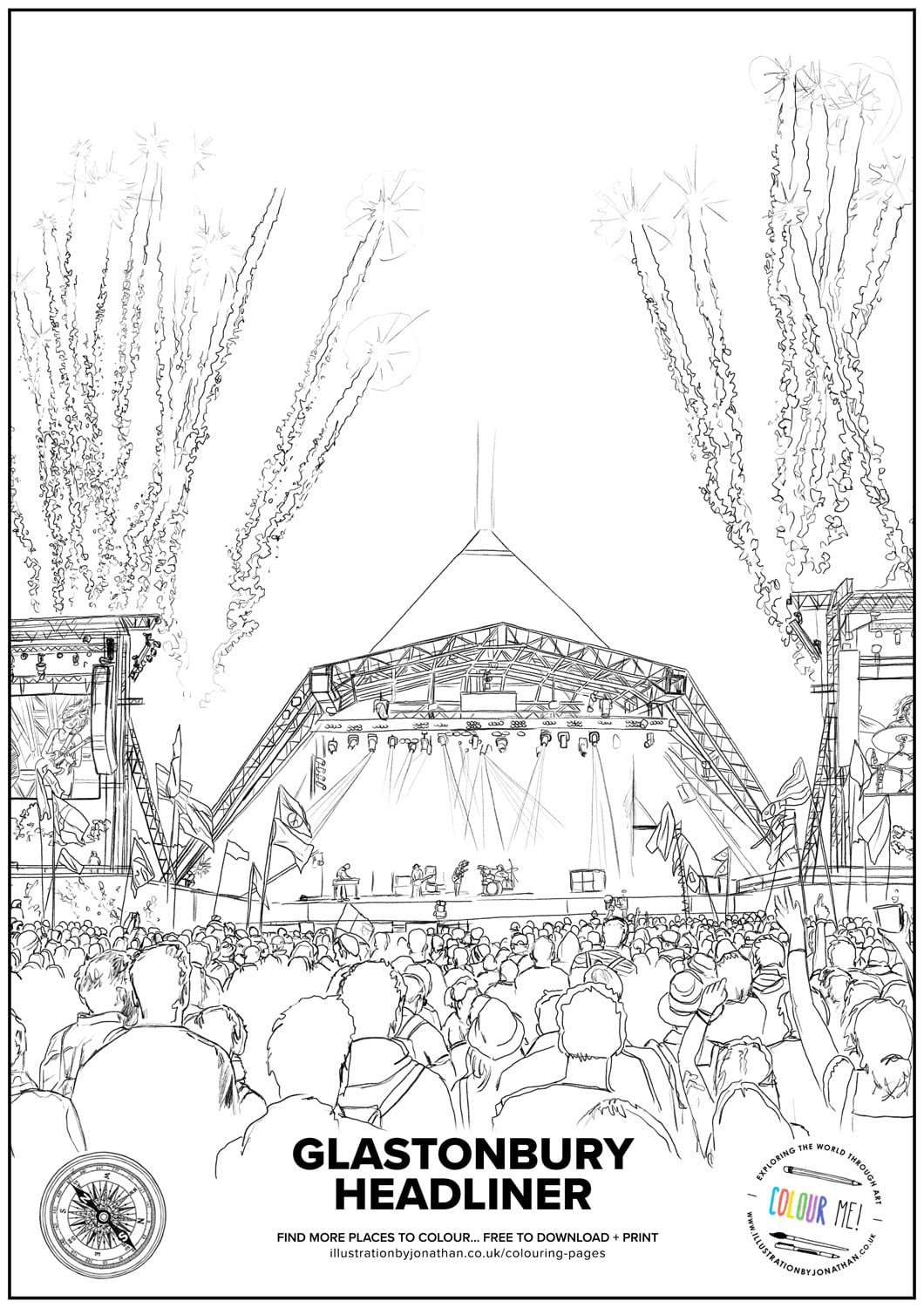 Glastonbury Colouring Page - Illustration by Jonathan Chapman