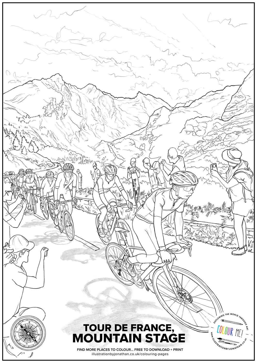 Mountain Stage, Tour de France Colouring Page created by artist and illustrator Jonathan Chapman