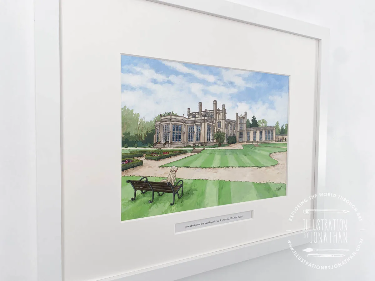 Highcliffe Castle for Guy and Charlotte, original acrylic and ink painting on paper created by artist and illustrator Jonathan Chapman