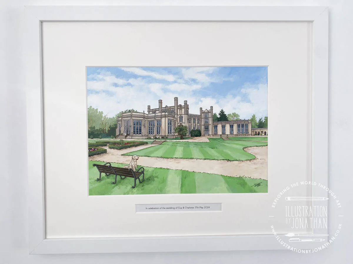 Highcliffe Castle for Guy and Charlotte, original acrylic and ink painting on paper created by artist and illustrator Jonathan Chapman