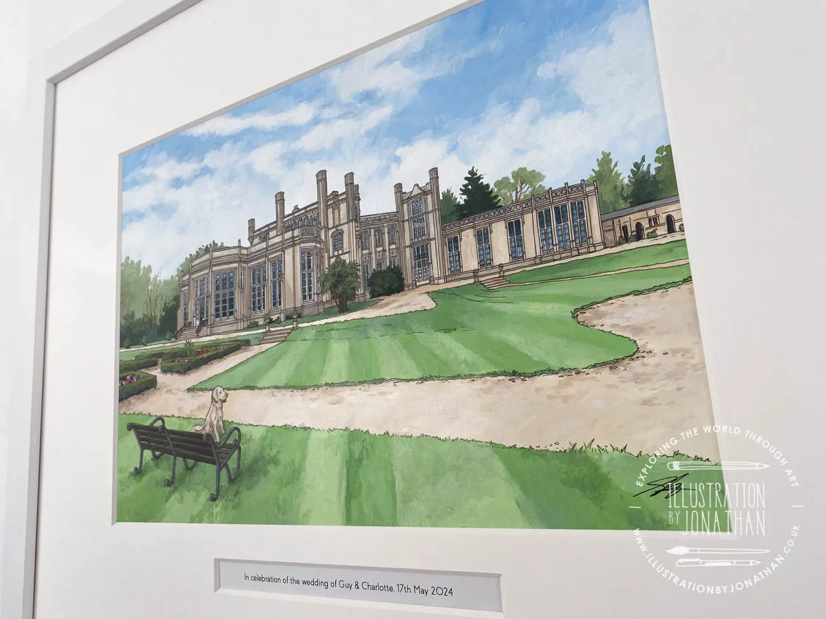 Highcliffe Castle for Guy and Charlotte, original acrylic and ink painting on paper created by artist and illustrator Jonathan Chapman