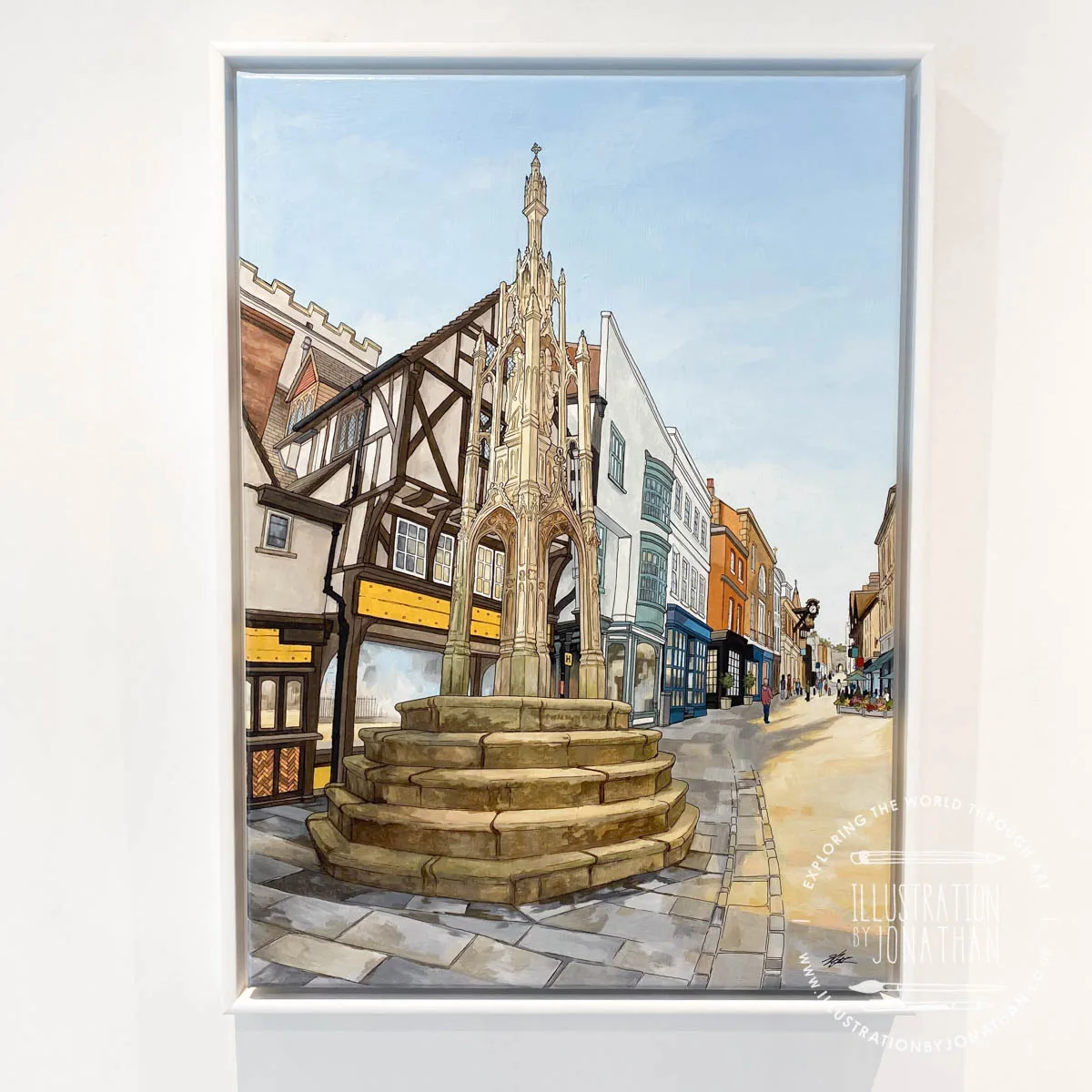 ‘Sun on the High Street’ on display in the Chapman Gallery. Art and Illustration by Jonathan Chapman