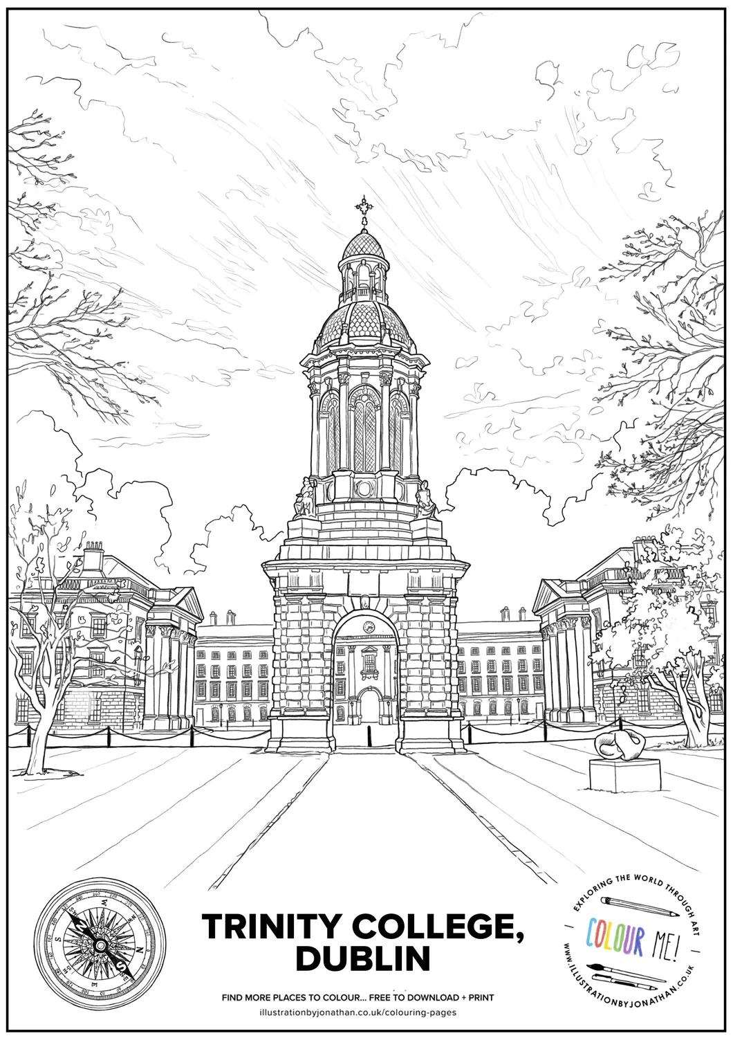 Trinity College Dublin Colouring Page by artist and illustrator Jonathan Chapman