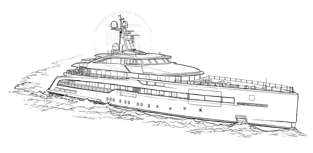 Line drawing of a luxury yacht, artwork created by artist and illustrator Jonathan Chapman