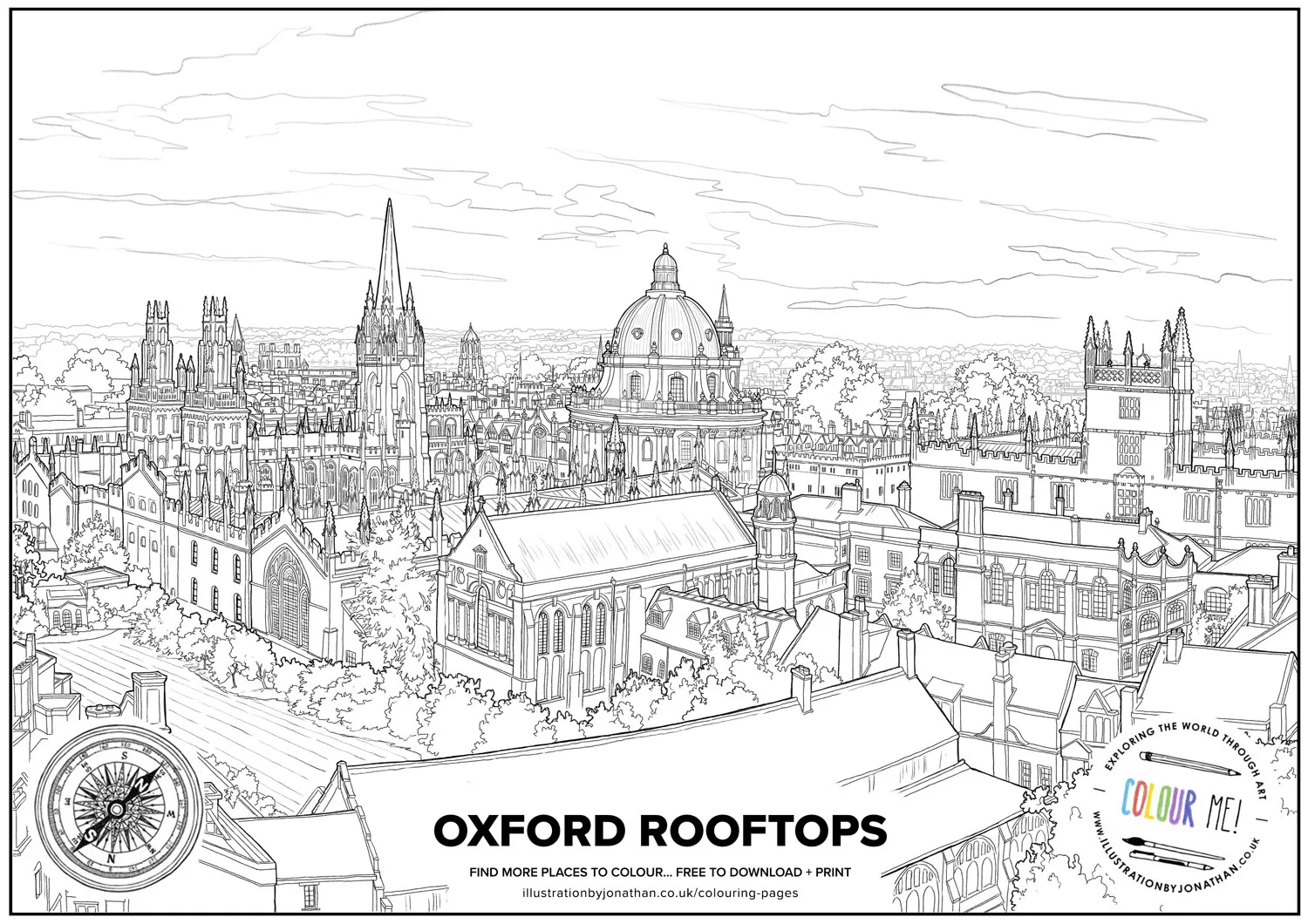 Oxford Rooftops Colouring Page - Line drawing of the city created by artist and Illustrator Jonathan Chapman